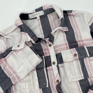 Eden & Olivia Small Longsleeve Button Up Plaid Pink Grey White Button Up Flannel